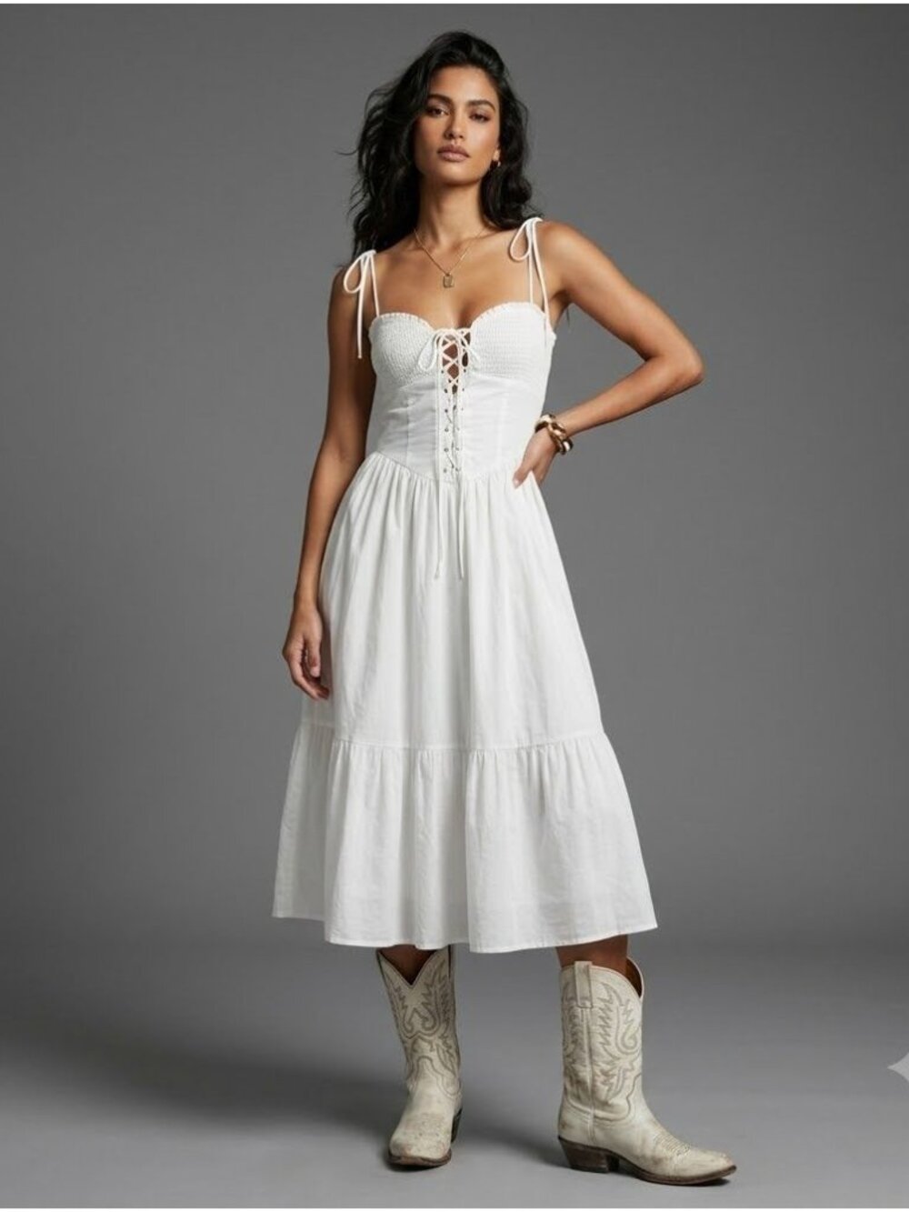Windsor Lace-Up Size L White Midi Coquette Prairie Straps Flowy Gauzy